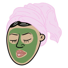 Beautiful woman face with green cosmetic mask on white background
