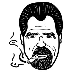 Hand drawn face of a man with a beard and a cigar. Bearded stylish man portrait.