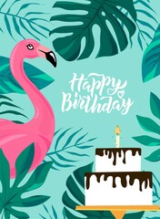 Happy Birthday hand lettering text. Cute vector illustration with tropic leaves for poster, greeting card, banner template.