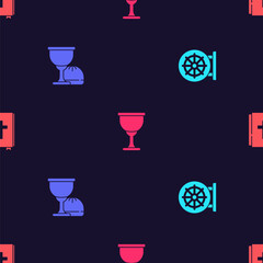 Set Dharma wheel, Holy grail or chalice, and bible book on seamless pattern. Vector
