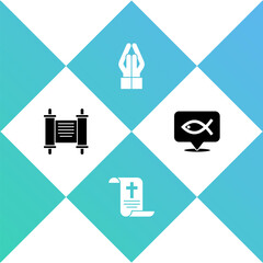 Set Decree, paper, parchment, scroll, , Hands in praying position and Christian fish icon. Vector