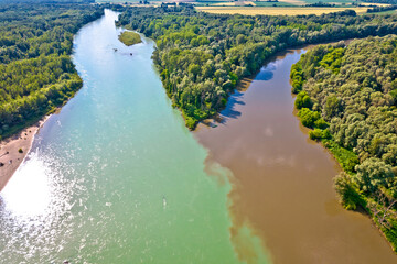 Aerial view of Drava and Mura rivers mouth, Podravina region of Croatia