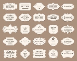 Ornamental label frames. Old ornate labels, decorative vintage frame and retro badge. Royal wedding insignia, sale sticker or invitation card. Isolated vector symbols set. Luxury curly messages