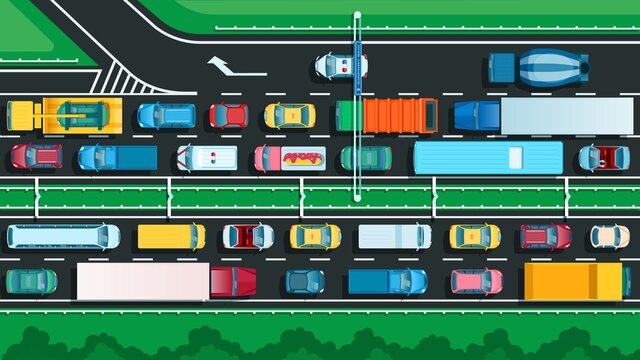 Top view highway with traffic jam. Many different cars on city street. Transportation problem, urban transport on jammed road vector illustration. Vehicles moving slowly on way lanes