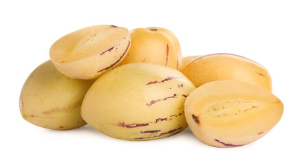 Fresh ripe pepino melons on white background