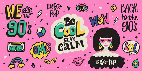 90's sticker set with cute girl and lettering phrases