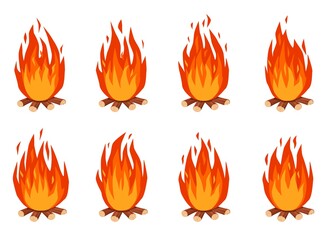 Bonfire animation. Cartoon burning campfire with firewood. Fire flames effect animated sprites frames for ui game design vector set. Bright and flare hot fireplace isolated on white