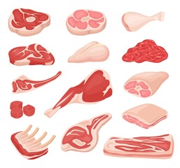 Cartoon fresh meat. Raw beef, lamb leg, steak, rack of pork ribs, minced meat, bacon. Variety cooking farm product ingredient vector set. Butcher shop or store, meal for bbq or grill