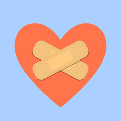 Sticking plaster on red heart silhouette. Medical patch isolated on white background. healing concept. Stock vector illustration.