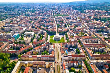 Zagreb aerial. The Mestrovic pavillion and town of Zagreb aerial view.