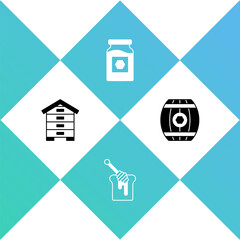 Set Hive for bees, Honey dipper stick with honey, Jar of and Wooden barrel icon. Vector