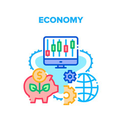Fototapeta na wymiar Economy Finance Vector Icon Concept. Economy Finance World Process And Online International Trade Market Monitoring Rates On Computer Screen. Save Earned Money In Piggy Bank Color Illustration