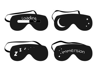 Sleeping masks set in black style with white print. Eye protection accessories for relax sleeping night or rest in traveling. Sleepwear isolated blindfolds icons. Jpeg