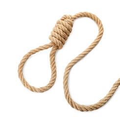 Rope noose with knot on white background, top view