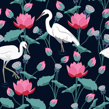 Seamless vector illustration with heron and lotuses on a dark background.
