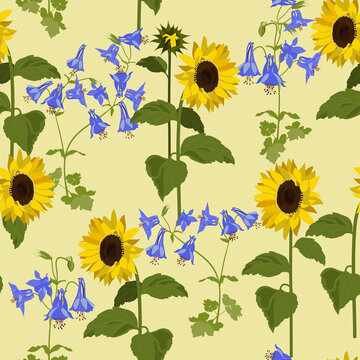 Seamless vector illustration with sunflowers and aquilegia on a beige background.