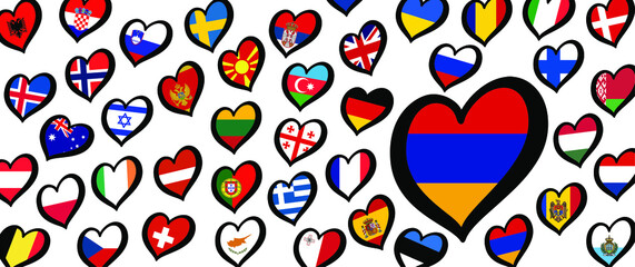 Armenia flag and different countries flags with heart flags logo. For Europe, eurovision music song festival, contest. Music songs for vision dreams. Vector euro TV icon pattern. 