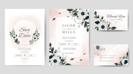 Wedding invitation card template set. White color Anemone watercolor flower background. Greenery greeting card. 