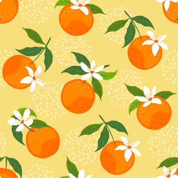 Abstract seamless pattern with orange fruits, flowers and leaves. Vector illustration.