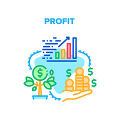 Profit Growing Vector Icon Concept. Money Profit Growing And Monitoring Increase Finance Chart. Growth Cash Tree And Heap Of Coin Holding Businessman. Financial Wealth Color Illustration