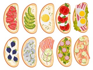 Set of sandwiches. Bruschetta. Healthy eating. Vegetarianism. Simple drawing in cartoon style. Vector illustration isolated on white background.