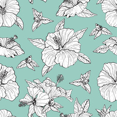 Seamless pattern with line art monochrome hibiscus flowers, buds and leaves, with black outline. On turquoise background. Stock vector illustration.