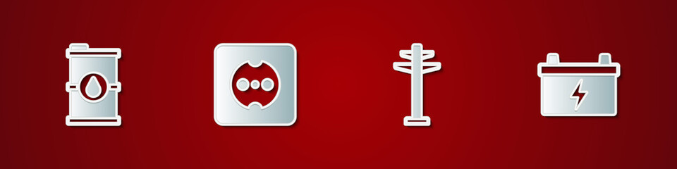 Set Bio fuel barrel, Electrical outlet, tower and Car battery icon. Vector