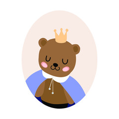 
little bear portrait in crown in a oval frame on the white background