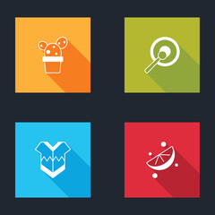 Set Cactus or succulent in pot, Gong, Poncho and Sliced lime icon. Vector