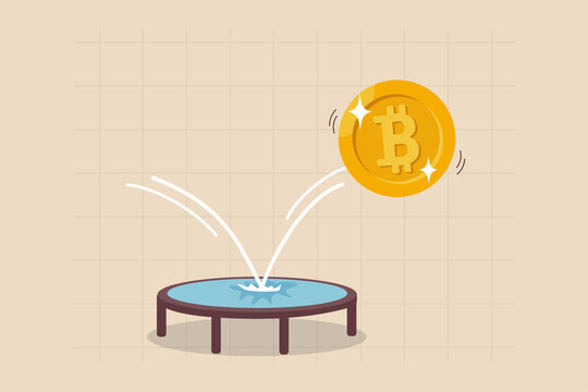 Bitcoin price rebound, crypto currency bounce back to rising up after falling down concept, golden bitcoin bounce back on the trampoline rising up on price graph.