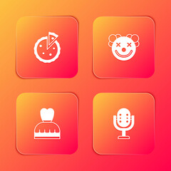 Set Homemade pie, Clown head, Woman dress and Microphone icon. Vector