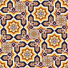 Tapeten Spanischer Fliesenmustervektor nahtloses Parkett mit Mosaik-Arabeskenmotiv. Marokkanische Keramik, portugiesisches Azulejo, mexikanische Talavera, italienische sizilianische Majolika, arabisch, mediterranes Texturdesign. © irinelle