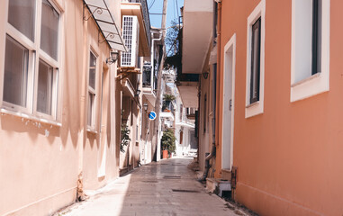 Old narrow Greek street at Lefkada town.