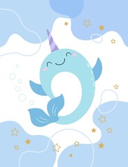 The narwhal body is upright, the tail is swinging, the front fins are open, and the background is an abstract irregular figure © zhaowhat