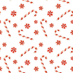 Seamless pattern with watercolor christmas candies isolated on white background. Christmas decorative elements.