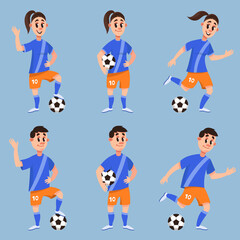 Set of soccer players in different poses. Male and female characters in cartoon style.