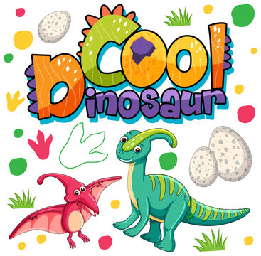 Cute dinosaurs cartoon character with font design for word Cool Dinosaur