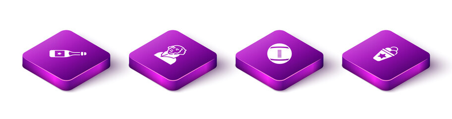 Set Isometric Champagne bottle, George Washington, American Football ball and Ice cream waffle cone icon. Vector