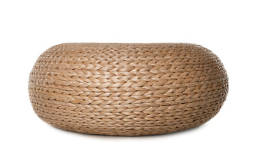 One stylish wicker pouf isolated on white