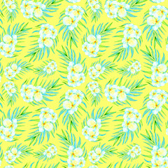 Fototapeta na wymiar White plumeria flowers on a yellow background. Watercolor tropical floral seamless pattern