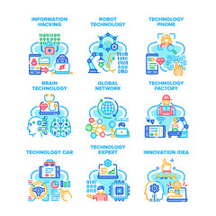 Technology Network Set Icons Vector Illustrations. Technology Car And Phone, Robot And Hacking Information, Brain Innovation Idea And Development, Factory Production And Expert Color Illustrations