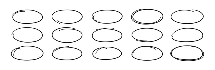 Hand drawn ovals. Highlight circle frames. Ellipses in doodle style. Set of vector illustration isolated on white background.