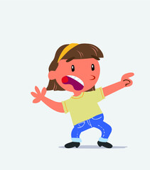 Scared cartoon character of little girl on jeans points to the side