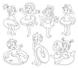 A group of funny children in different poses with swimming circles. Black and white with accents of color. In cartoon style. Isolated on white background. For coloring book. Vector illustration.