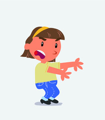  Very angry cartoon character of little girl on jeans pointing at something at side