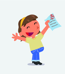  very happy cartoon character of little girl on jeans with a exam in hand.