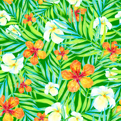 Tropical floral seamless pattern. Watercolor Hawaiian flowers and palm branches on a green background. Summer tropic print