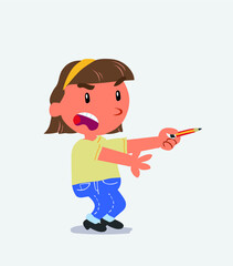 angry cartoon character of little girl on jeans with pencil points to the side.