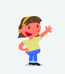  cartoon character of little girl on jeans explaining something while pointing.