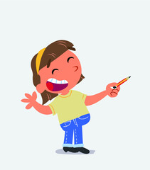 cartoon character of little girl on jeans is happy while pointing to the side with a pencil.